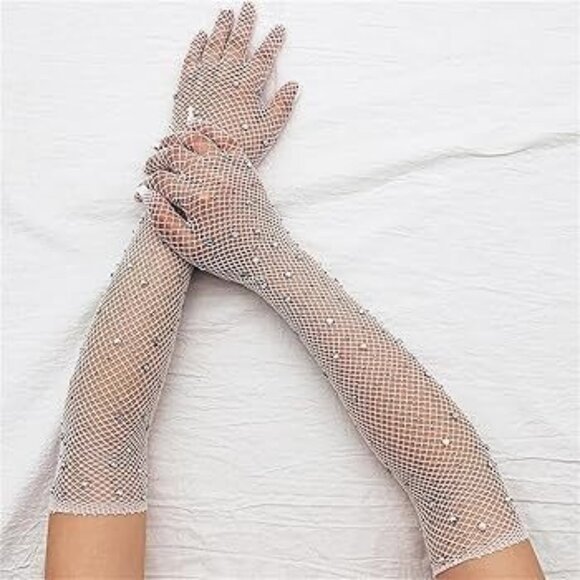 WHITE Mesh Rhinestone Opera Length Showgirl Gloves NEW NIP - Picture 1 of 3